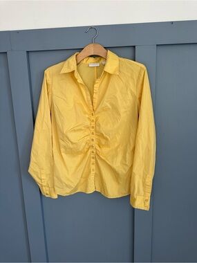New York & Company Yellow Ruched Button-Front Shirt
